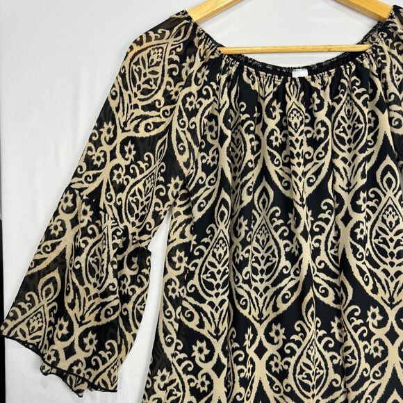 2B Together Sheer Bell Sleeve Tunic Dress Black Tan Women Size Small Long Sleeve - Picture 5 of 11